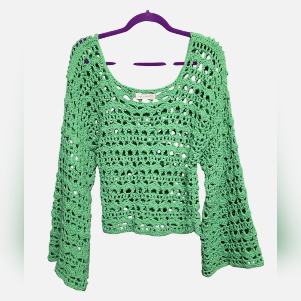 FABIOLA PASCO Handmade Long Bell Sleeve Crochet Knit Top 18" PTP Small/Medium